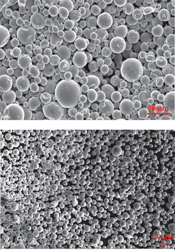 SEM images of as received iron powders, (a) and (b) are images for